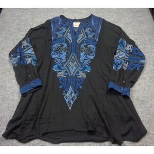 Johnny Was Biya Dress L Black Blue Tunic Floral Embroidery Bohemian Hippie
